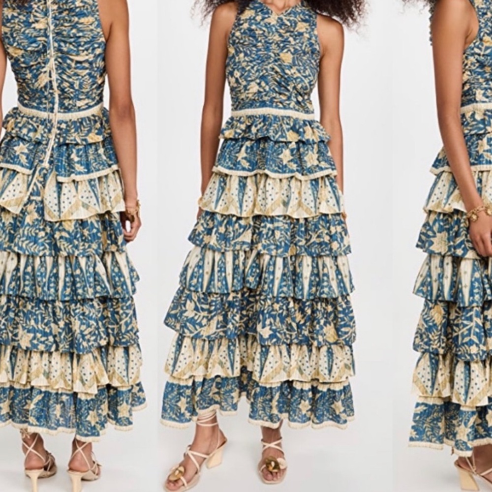 NWT Ulla Johnson Ariah Tiered Cotton-Blend Midi Dress in Lanai Size 4